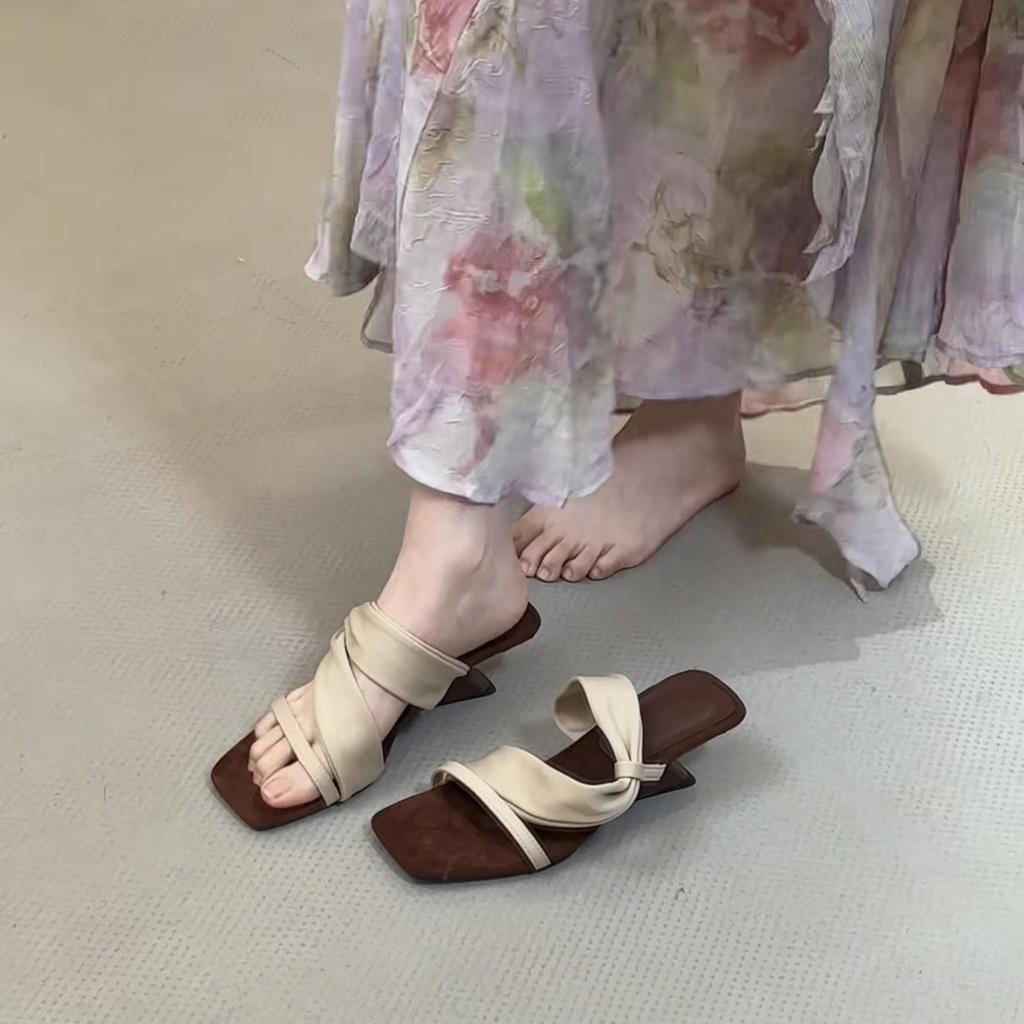 Color Matching Retro Spice Girl Style! Square Head Suede One-Word With Wedge Heels Slippers Women'S Summer Open-Toed High-Heeled Sandals