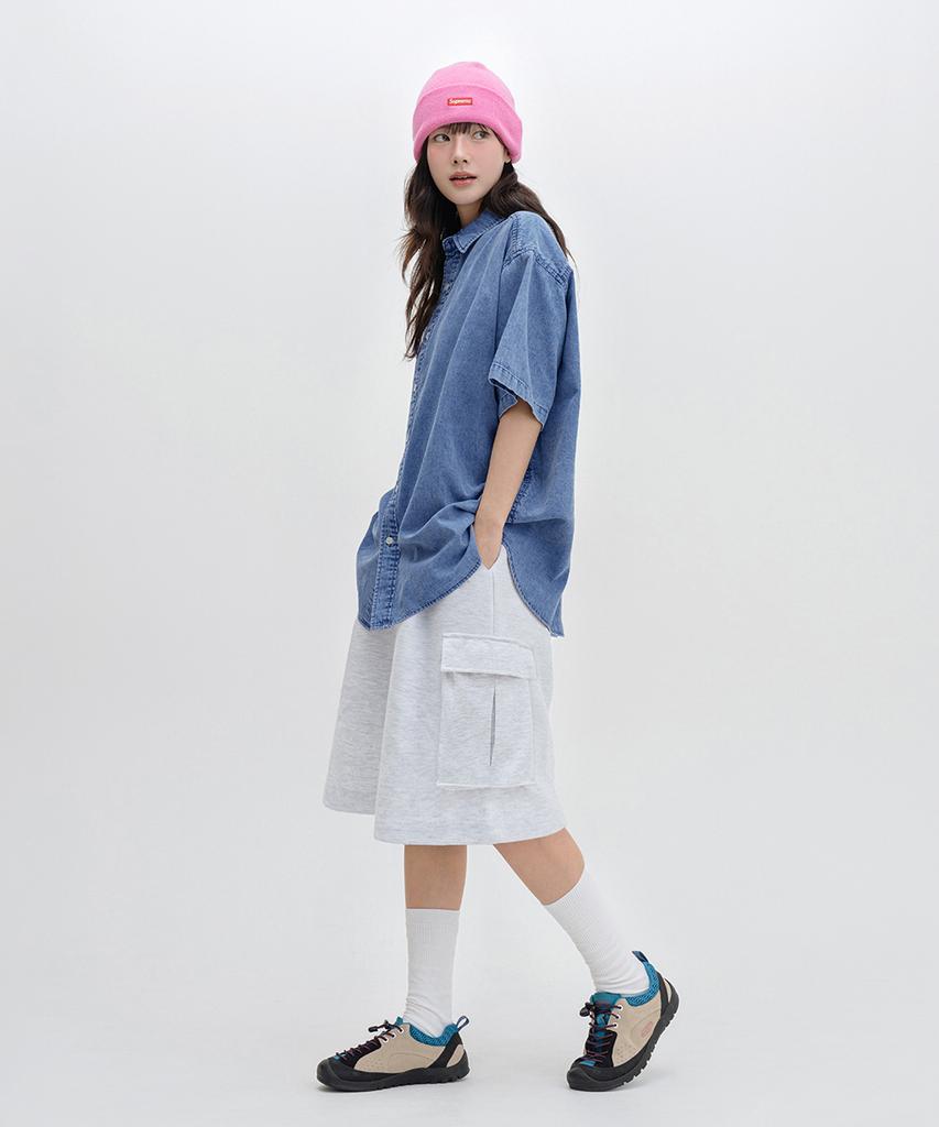 LEMAIN SECOND Bermuda Wide One-Pleat Cargo Sweat Shorts [White Melange]