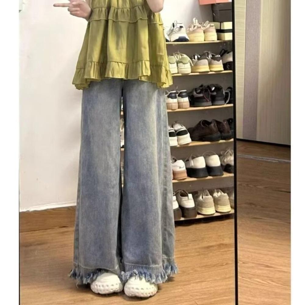 Персонализированные джинсы с широкими штанинами и рваным краем для женщин, новая весенне-осенняя коллекция, с высокой талией, тонкие, свободный дизайн, джинсы-клеш