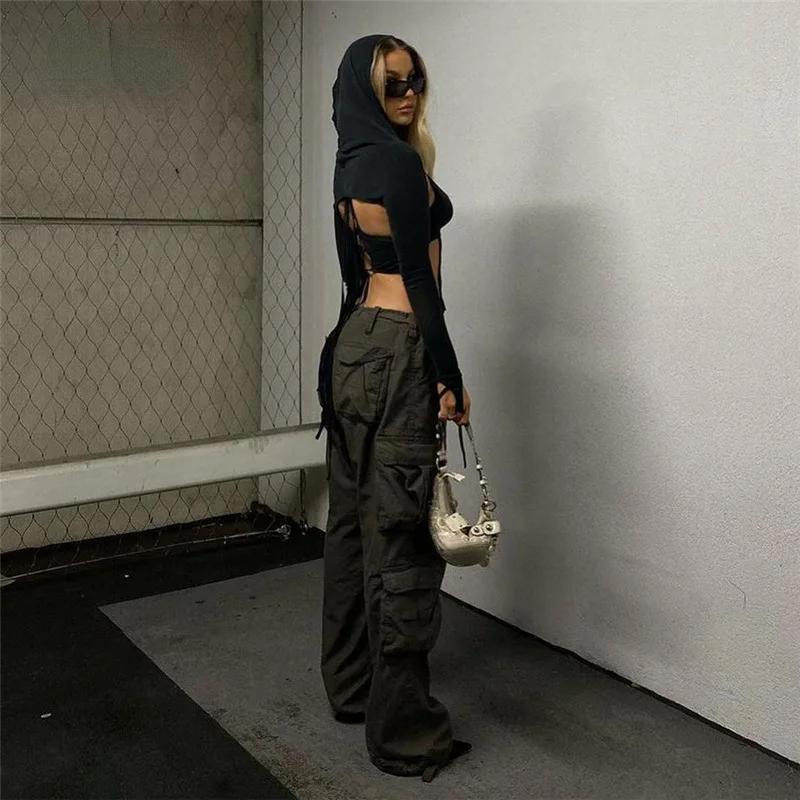 Укороченный топ с капюшоном и длинными рукавами Sweet Fairy в стиле гранж Y2k, уличная одежда с ремешками, асимметричные модные сексуальные футболки для женщин