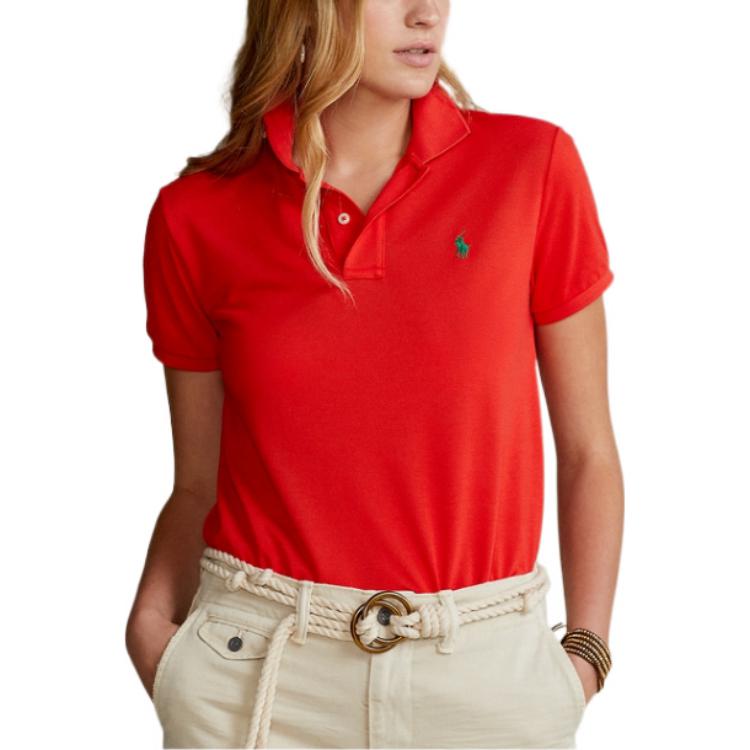 Polo Ralph Lauren SS22 Однотонная рубашка поло с коротким рукавом на пуговицах Женские топы Красный WMPOKNINCU20050-600