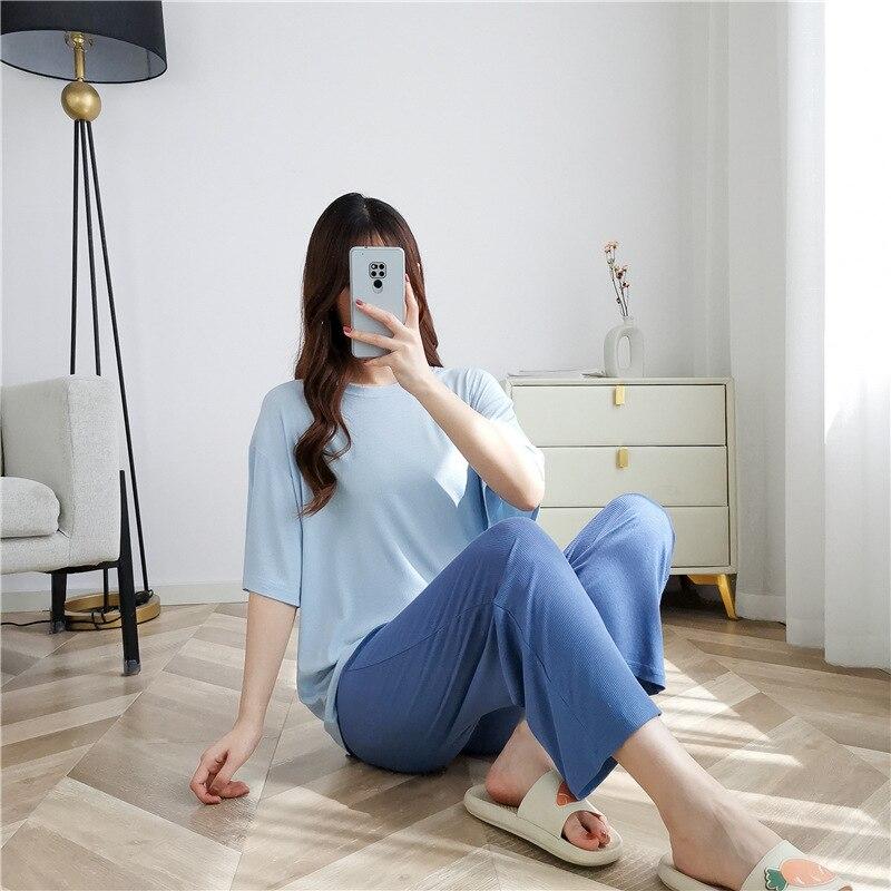 2025 новый женский пижамный костюм весна-лето модальная пижама с короткими рукавами + брюки-восьмерка домашний костюм из двух частей тонкая пижама