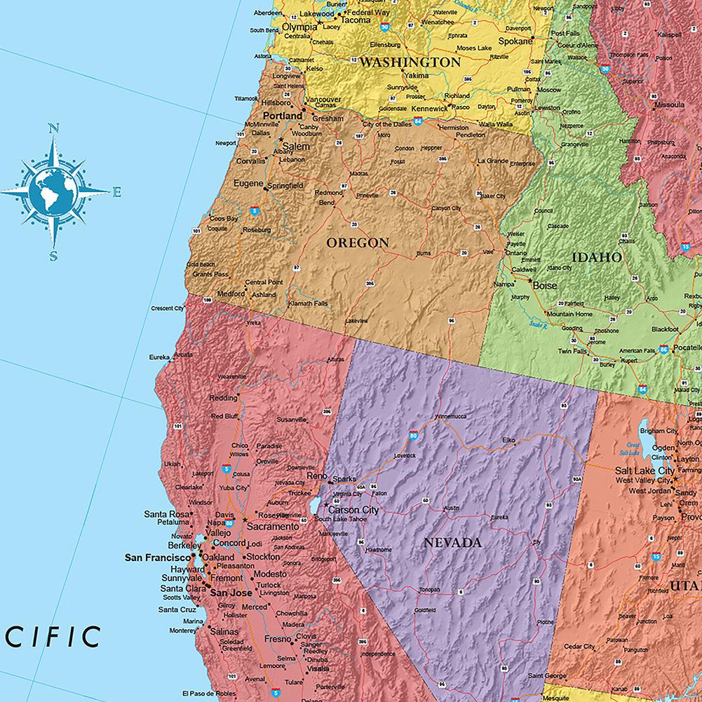 Карта Соединенных Штатов Америки - Административная карта, Безрамная, Для спальни, гостиной, офиса, общежития, Декор для стен с картой мира, Образовательные/Туристические принадлежности