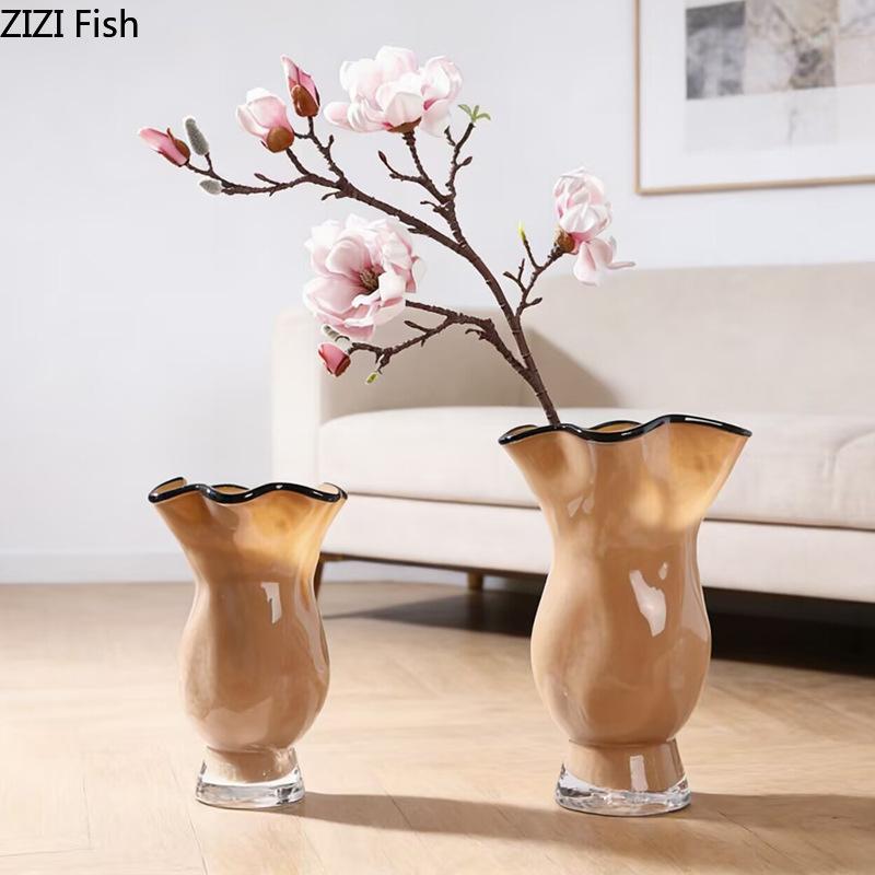 Creative Pleated Glass Vase Black Edge Plant Pots Table Decoration Hydroponics Floral Vases Modern Home Flower Arrangement