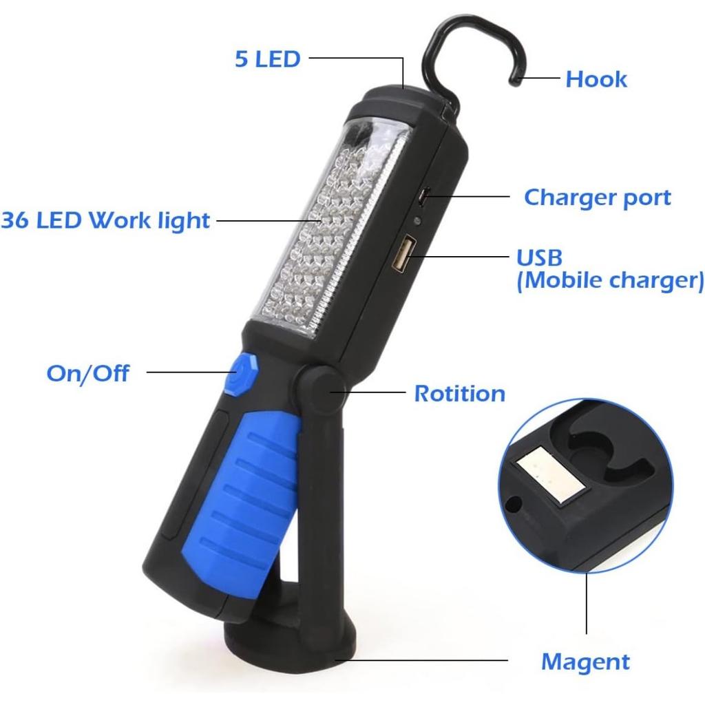 LED Work Light with Magnet Rechargeable Torch Workshop Lamp Portable Camping Lamp for Car Repair, Workshop, Garage, Camping, Emergency Lighting