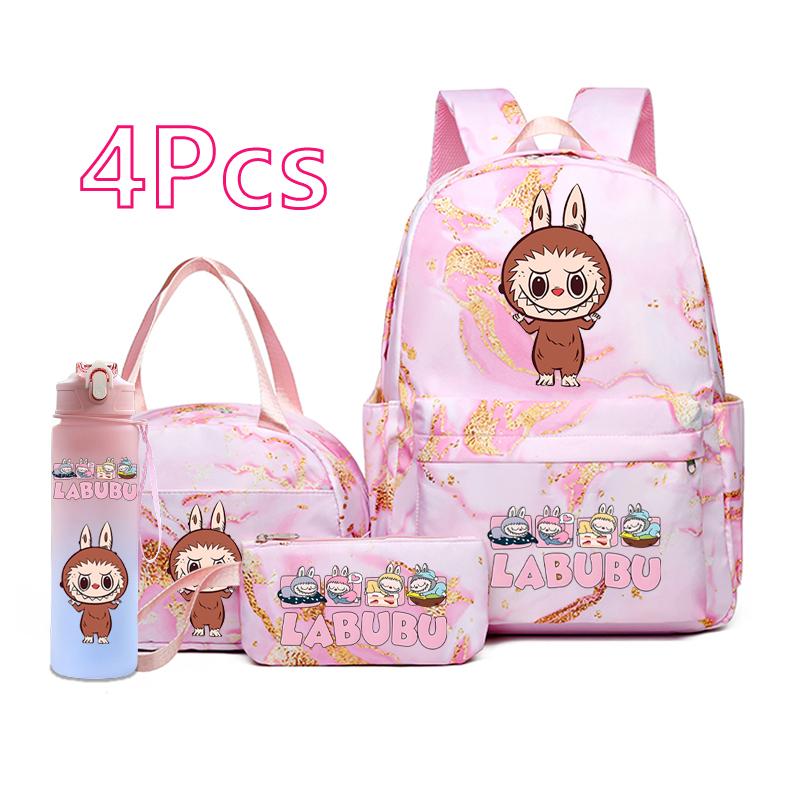 4Pcs/set Cute Anime Printed Backpack Lunch Bag Pencil Bag 750Ml Water Bottle Girl Student Large Capacity Waterproof Schoolbag