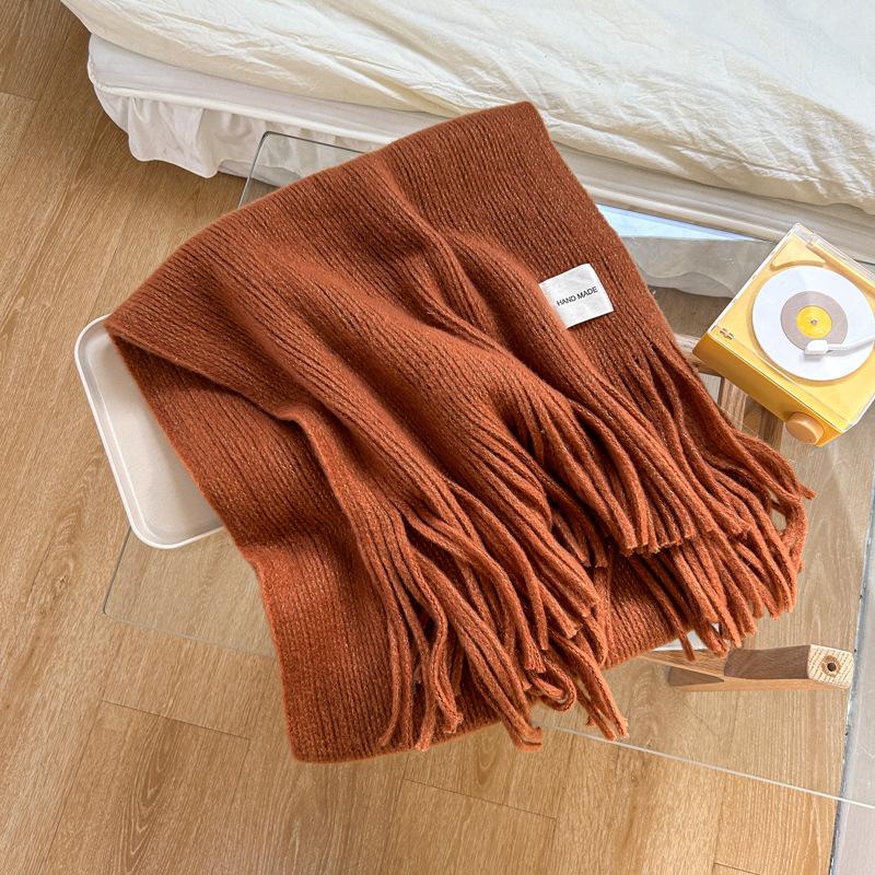 Вязаный шерстяной шарф в корейском стиле для женщин, зимний новый однотонный белый студенческий длинный теплый шарф высокого класса
