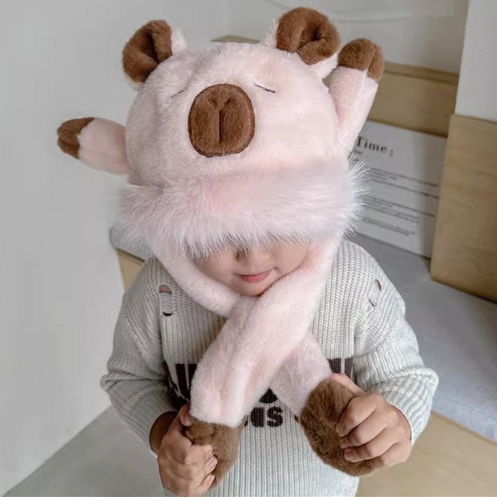 Movable Ears Capybara Hooded Scarf Windproof Plush Hat Scarf Set  Boys/girls