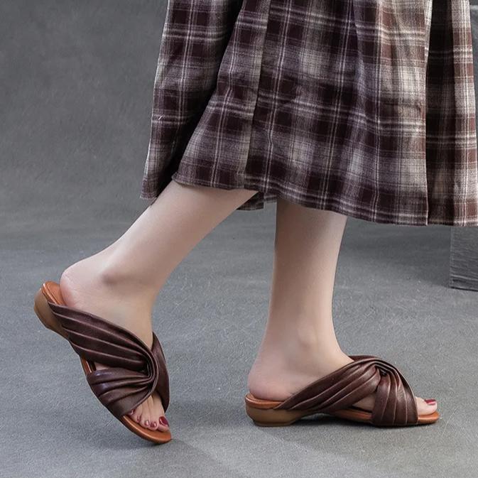 Johnature Peep Toe Bohemian Style Slippers Retro Lazy Style Genuine Leather Low Heel Women's Shoes