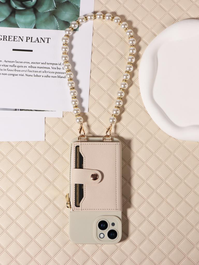 Стильный чехол для телефона с зеркальной молнией и жемчужным шнуром для iPhone16 15 14 Pro Pro Max Plus, чехол для телефона, искусственная кожа
