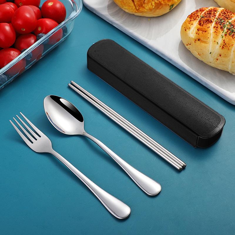 Портативный набор столовых приборов из нержавеющей стали с палочками для еды, ложками, для студентов, офисных работников, для улицы, вилка, ложка, три предмета