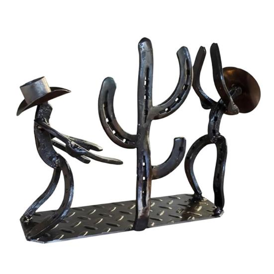 Western Cowboy Cactus Wine Bottle Rack Metal Tabletop Wine Holder with Glass Support Rustic Decorative Bar Accessory for Home Bar Restaurant Cafe