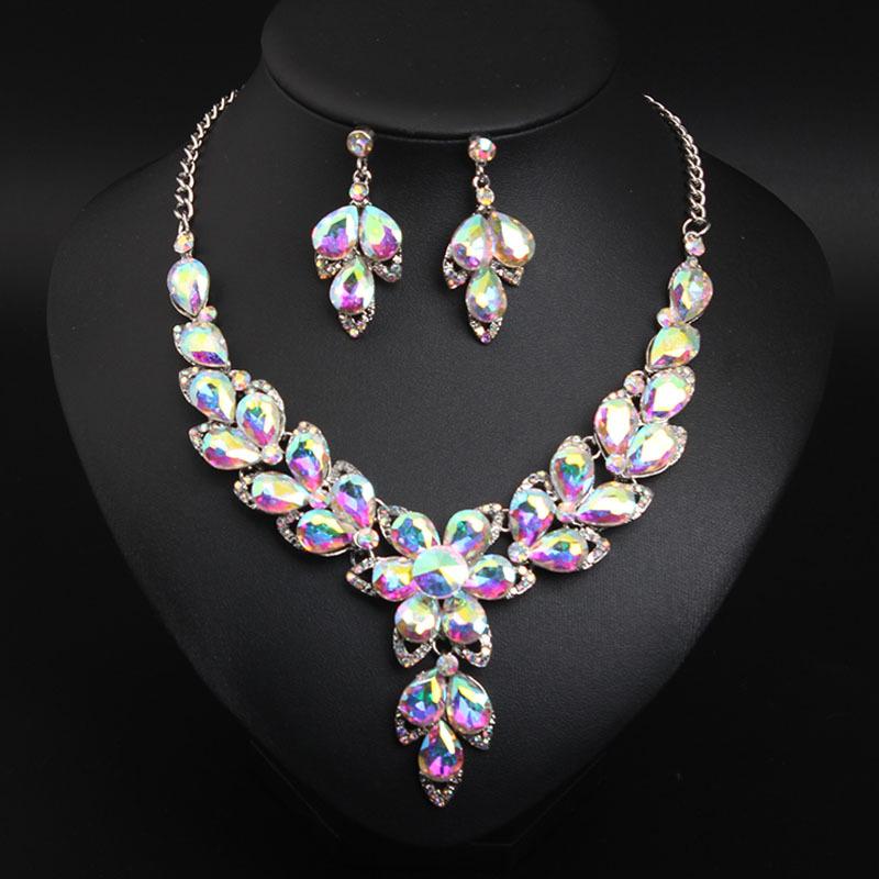 Jewelry Crystal Gemstones Flower Clavicle Necklace Earrings Set Dress Women'S Banquet Accessories