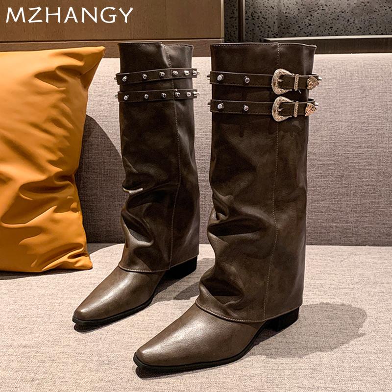 Остроносые женские высокие сапоги на среднем каблуке, кожаные туфли, женские, тренд 2024 года, массивные зимние сапоги, дизайнерские туфли-лодочки, женские готические сапоги-челси
