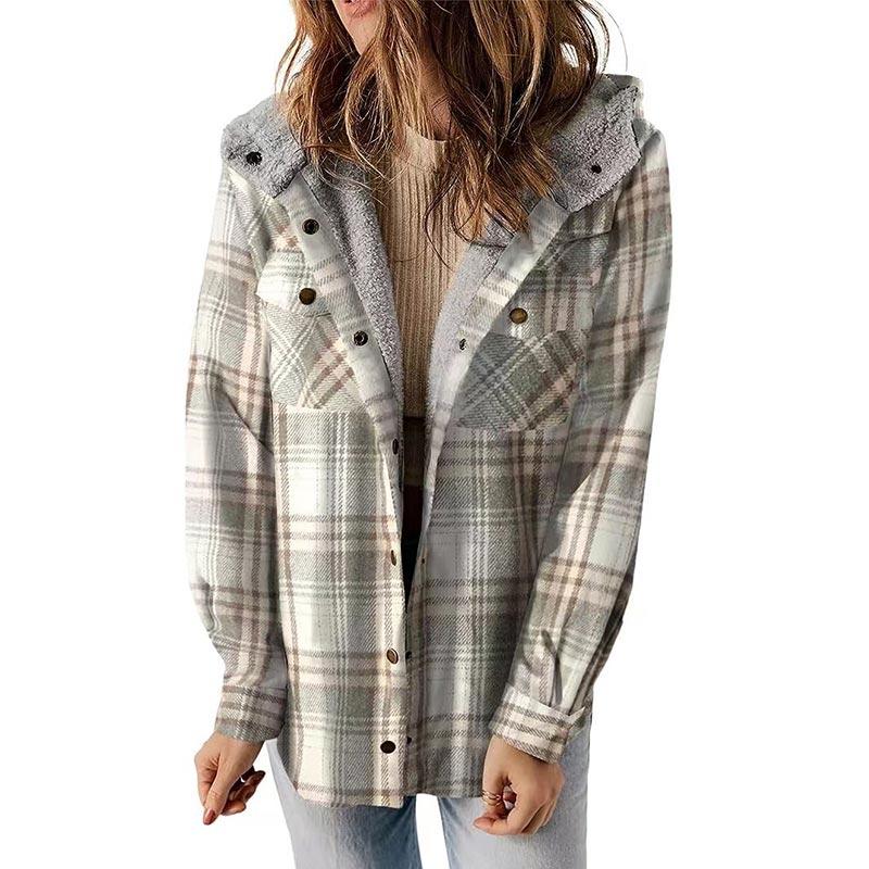 Women's Winter Casual Plaid Hooded Tweed Coat Thickened Padded Warm Jacket Lamb Wool Lining