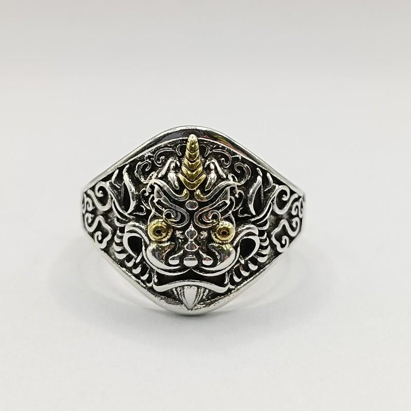 Adjustable Open Ring Men Women Vintage 3D Pixiu Sterling Plated Geometric Animal Statement