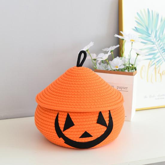 Halloween Woven Pumpkin Basket with Lid Empty Rope Woven Basket Trick or Treat Pumpkin Storage Bin Candy Snack Container