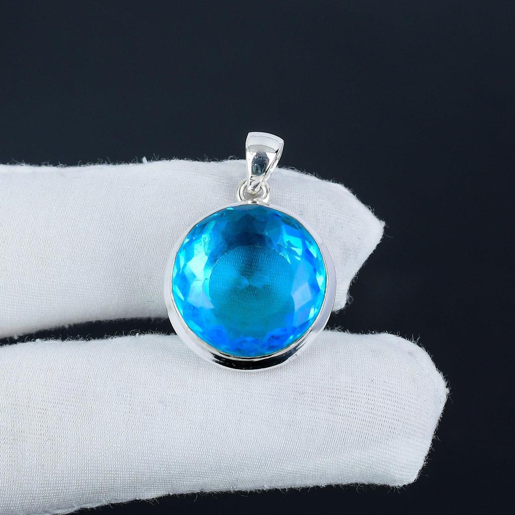 Серебряная подвеска с драгоценным камнем London Blue Topaz из стерлингового серебра 925 пробы — круглая ручная работа, повседневное украшение, подарок на день рождения