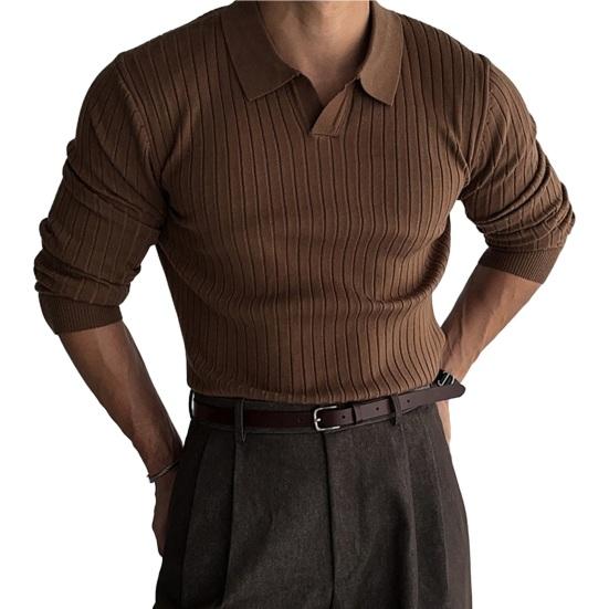 Весна Осень Мужской Верхний Трикотажный Нитка Slim Fit Пуловер Отложной Воротник Длинные Рукава Эластичный Чистый Цвет