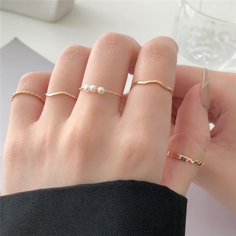 5pc /Set New Trend Temperament Pearl Ring Female Retro Design Fashion Personalized Ring Ins Hand Formal Elegant Jewelry For Women