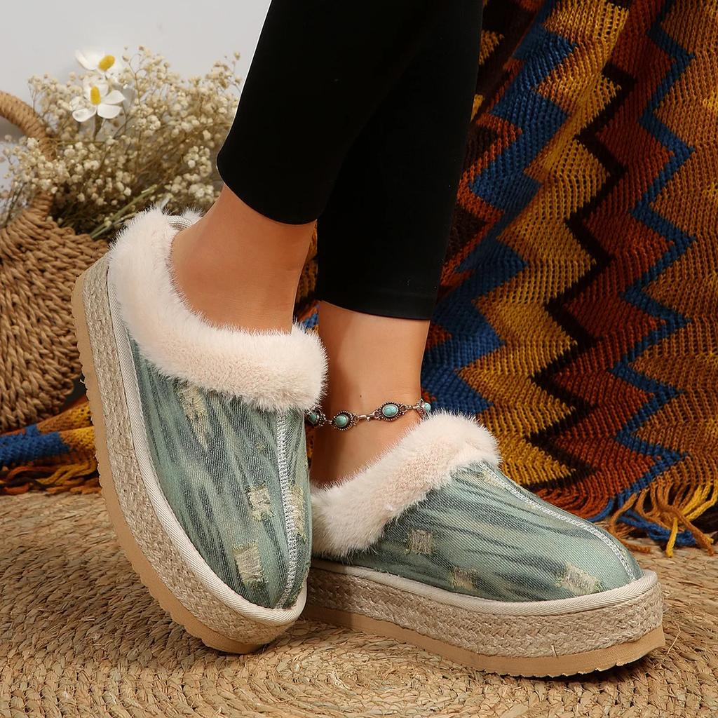 Модные женские меховые тапочки Теплые ботинки Платформа Шлепанцы Балетки Домашняя хлопковая обувь Замшевые мюли Женские ботинки Слайды Женская зимняя обувь