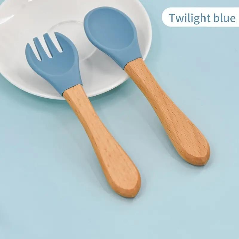 Силиконовая вилка и ложка с деревянной ручкой, набор вилок и ложек для кормления, отличный подарок на Рождество, Хэллоуин, День благодарения, Новый год