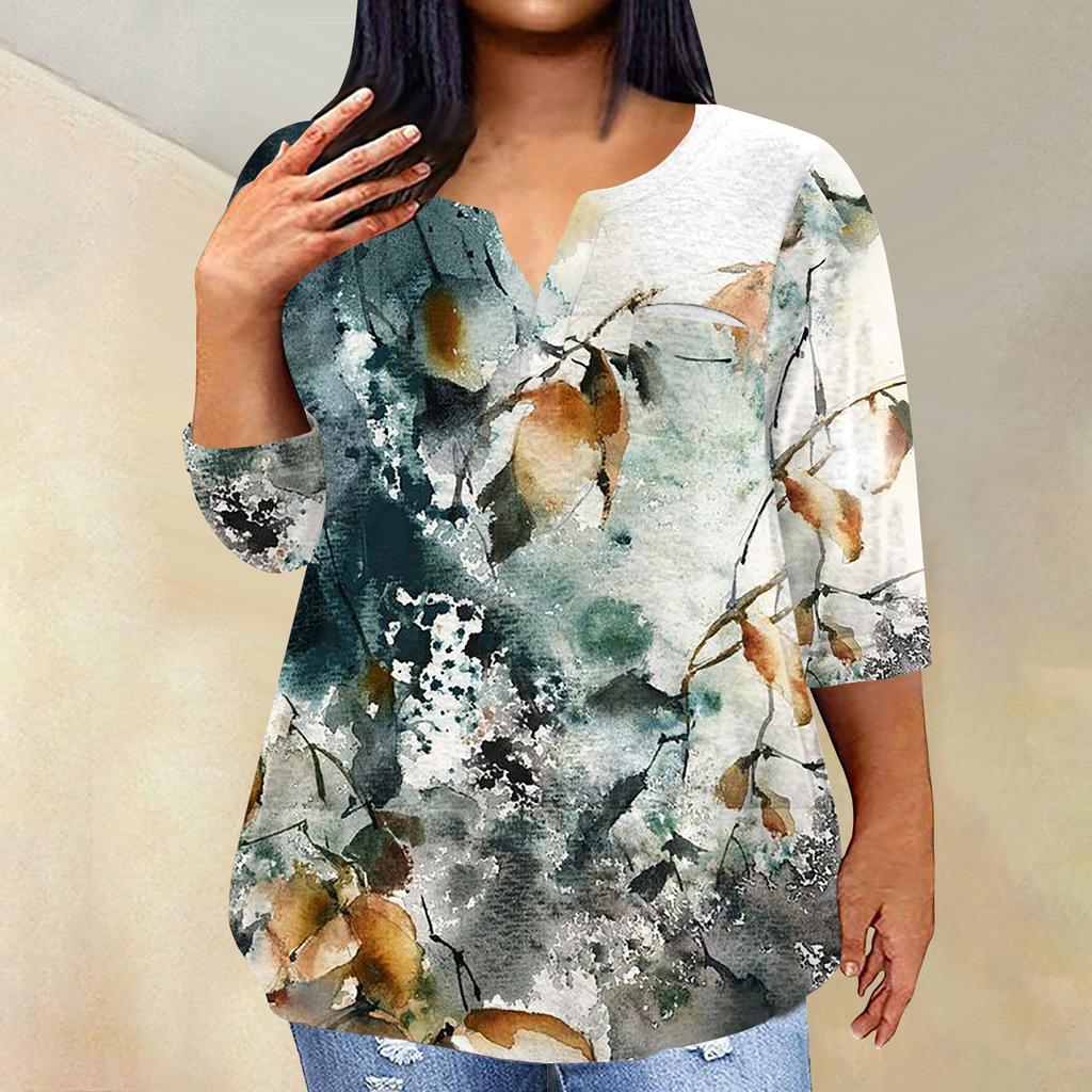 Женский модный повседневный пуловер с рукавами три четверти и V-образным вырезом с принтом, топ с рукавами 4/3