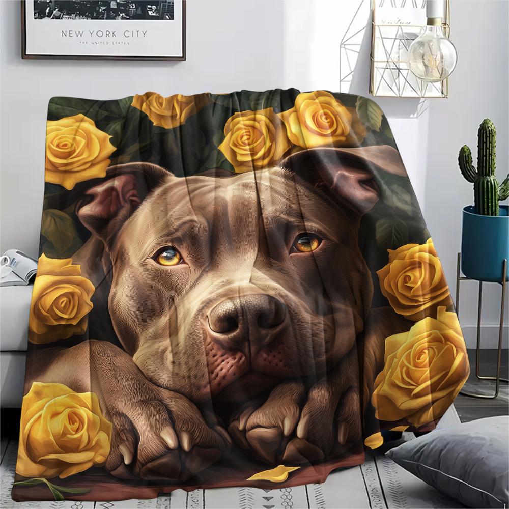 Pitbull and roses,pattern Flannel Blanket, High quality Comfortable for All Seasons, Home Decor, Warmth and Comfort, Perfect for Gifts.