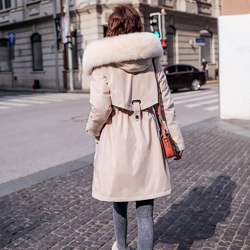 Women Fall Winter Jacket Coat Parka Thicken Cotton Liner Medium Long Hooded Fur Collar Adjustable Waist Solid Color M-6XL