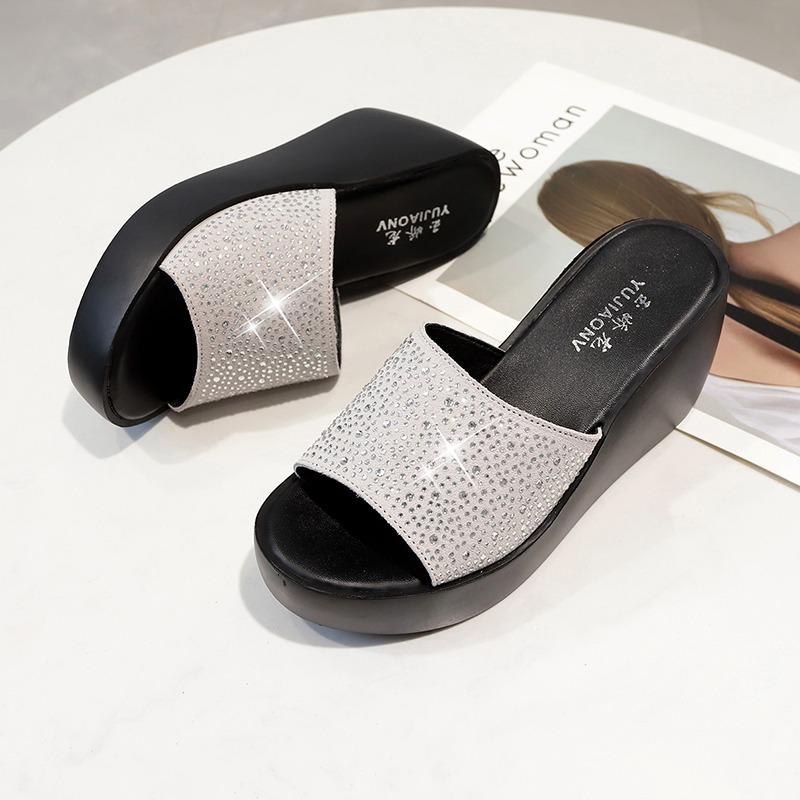 Мода 2024 года, женские тапочки, летние, на платформе, с открытым носком, со стразами, женские, однотонные, женские, повседневные, для отдыха на природе, женские