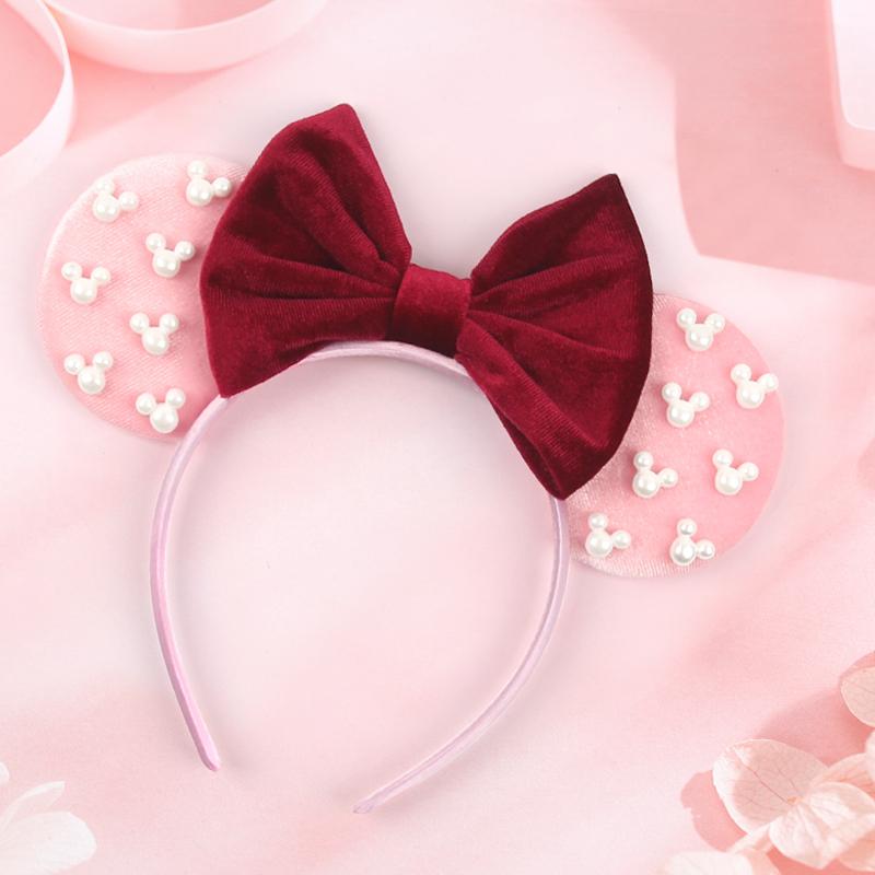 Pearls 3.3"Mouse Ears Headband 5‘’ Velvet Bow Hairband For Girls Festival Party Cosplay DIY Hair Accessories Women Gifts