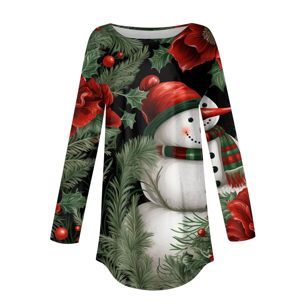Women's Loose Round Neck Christmas Printed Long Sleeved T Shirt Top Pullover Long Sleeved Sweatshirt