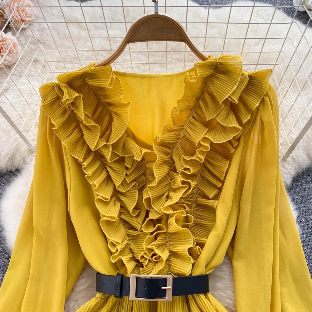 Женское весенне-осеннее платье в стиле ретро, ​​темпераментное плиссированное платье трапециевидной формы с v-образным вырезом и длинными рукавами на талии