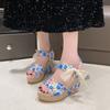 Large Size Spring New Bohemian Fashion Wedge Heel Lace Print Fish Mouth Wedge Heel Casual Sandals Women