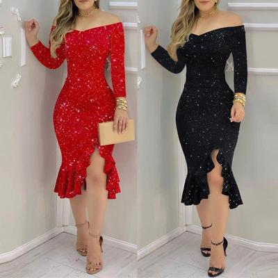 Женское повседневное сексуальное однотонное платье с одной линией шеи и рюшами и разрезом и пайетками