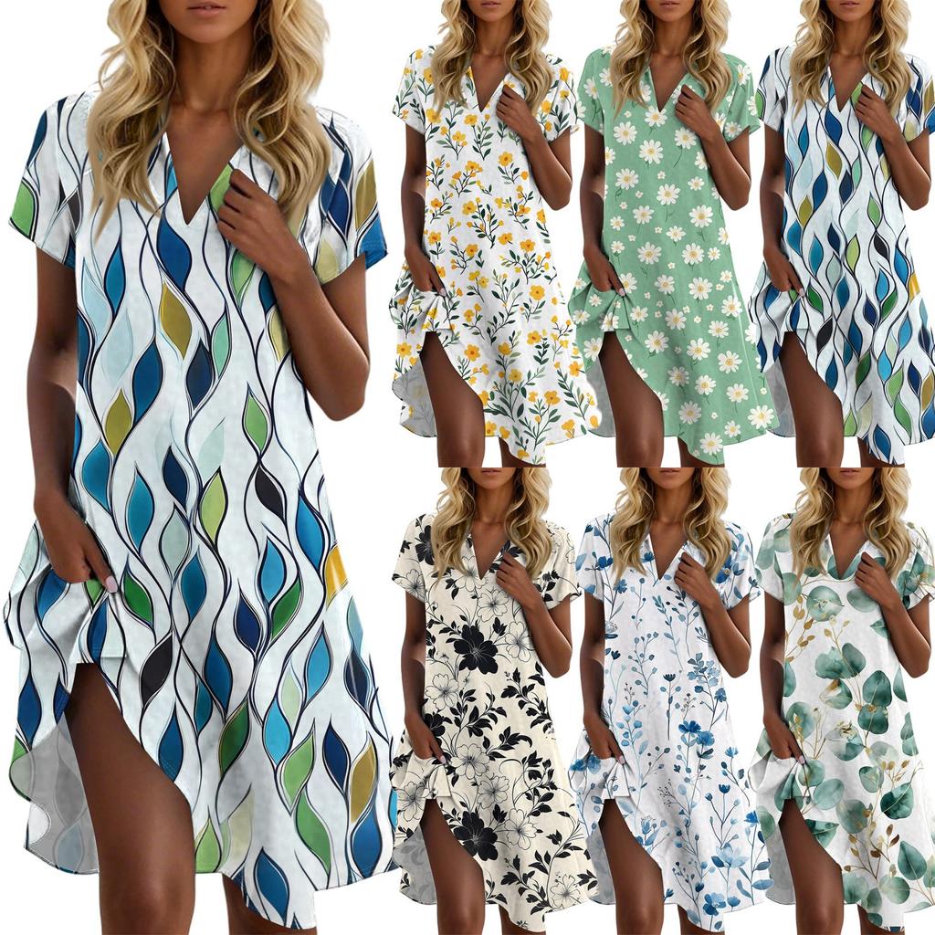 Women's Casual Fashion Lapel Floral Print Dress Short Sleeve V Neck Short Skirt