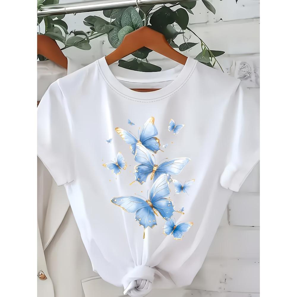 Butterfly Print Short Sleeve T-Shirt - Round Neck Casual Summer Blouse -ic Top Suitable for Spring/Summer Wear