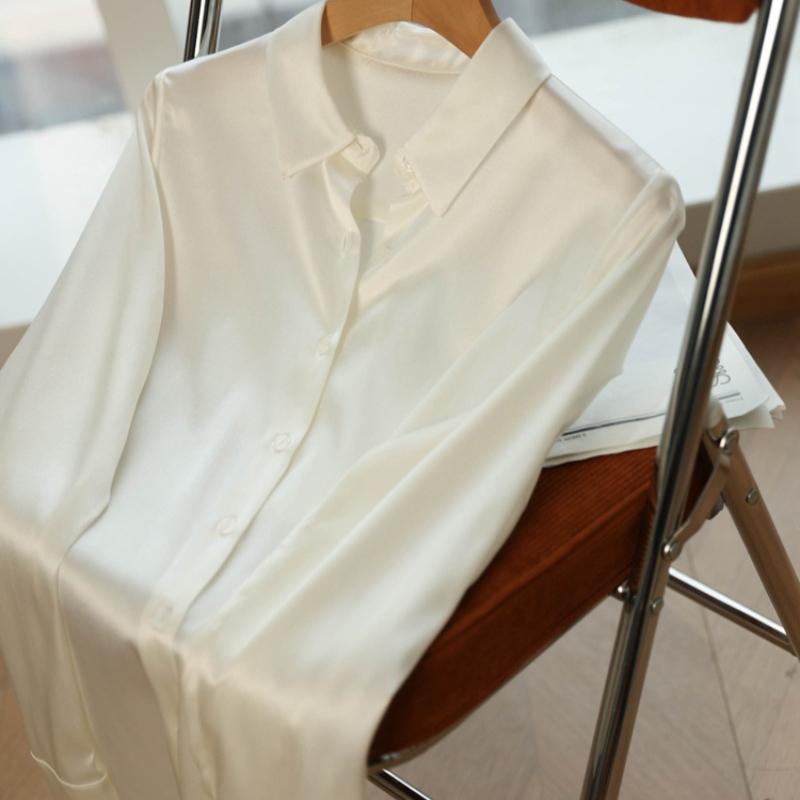 Модная повседневная офисная женская атласная рубашка, свободные топы с длинным рукавом, однотонные женские блузки больших размеров, элегантные винтажные простые женские рубашки на пуговицах 25678