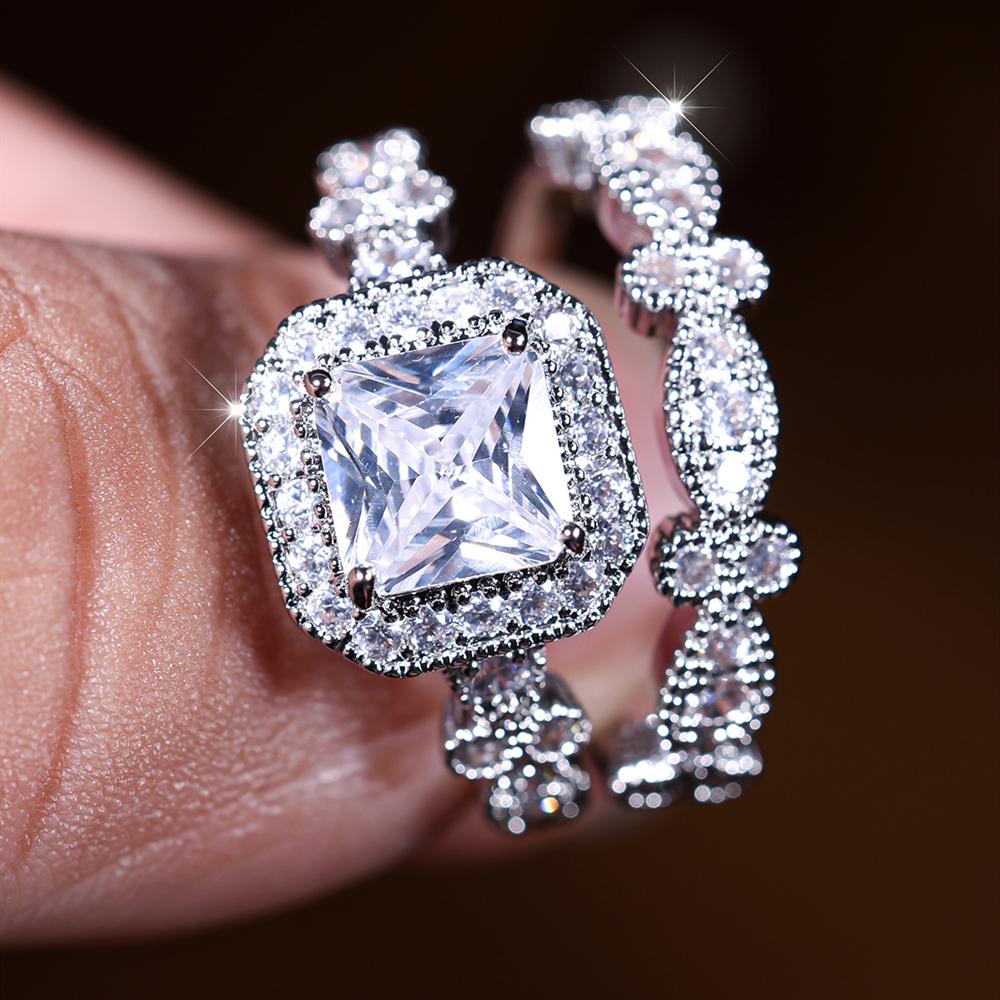 Простой элегантный квадратный комплект колец с кубическим цирконием для женщин, серебряный цвет, обручальное, свадебное, модное женское кольцо, ювелирные изделия