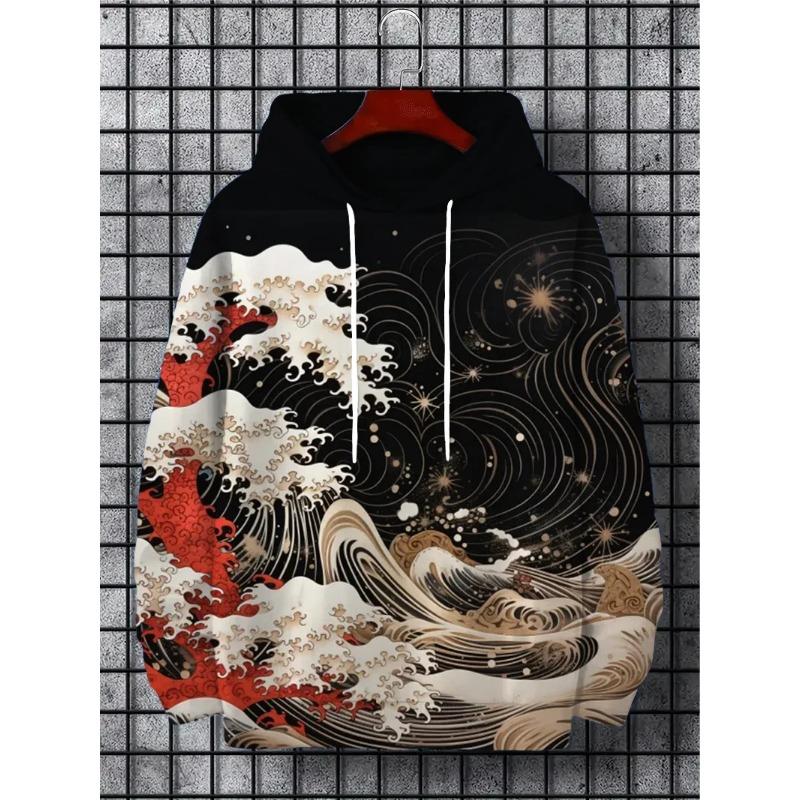 Interesting Design Ukiyoe Harajuku Fashion Men's Hoodie Casual Y2k Hoodie Men's Autumn and Winter Wave Pattern Sports Hoodie