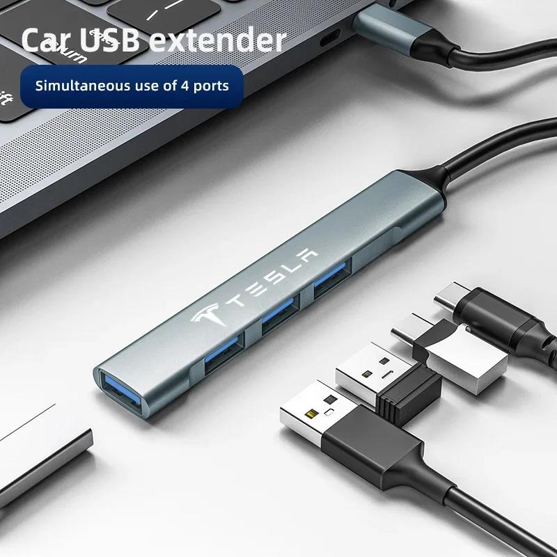 Car Sticker Tesla Car USB Type-C to 4 Port USB HUB High Speed Adapter Accessories For Tesla Model-Y Model-3 Model-X Model-S Cybe