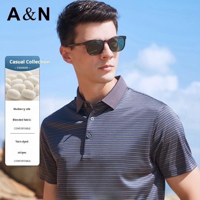 Fashionable striped short sleeved T-shirt with mulberry silk, men's cool and breathable business casual polo shirt for spring and summer