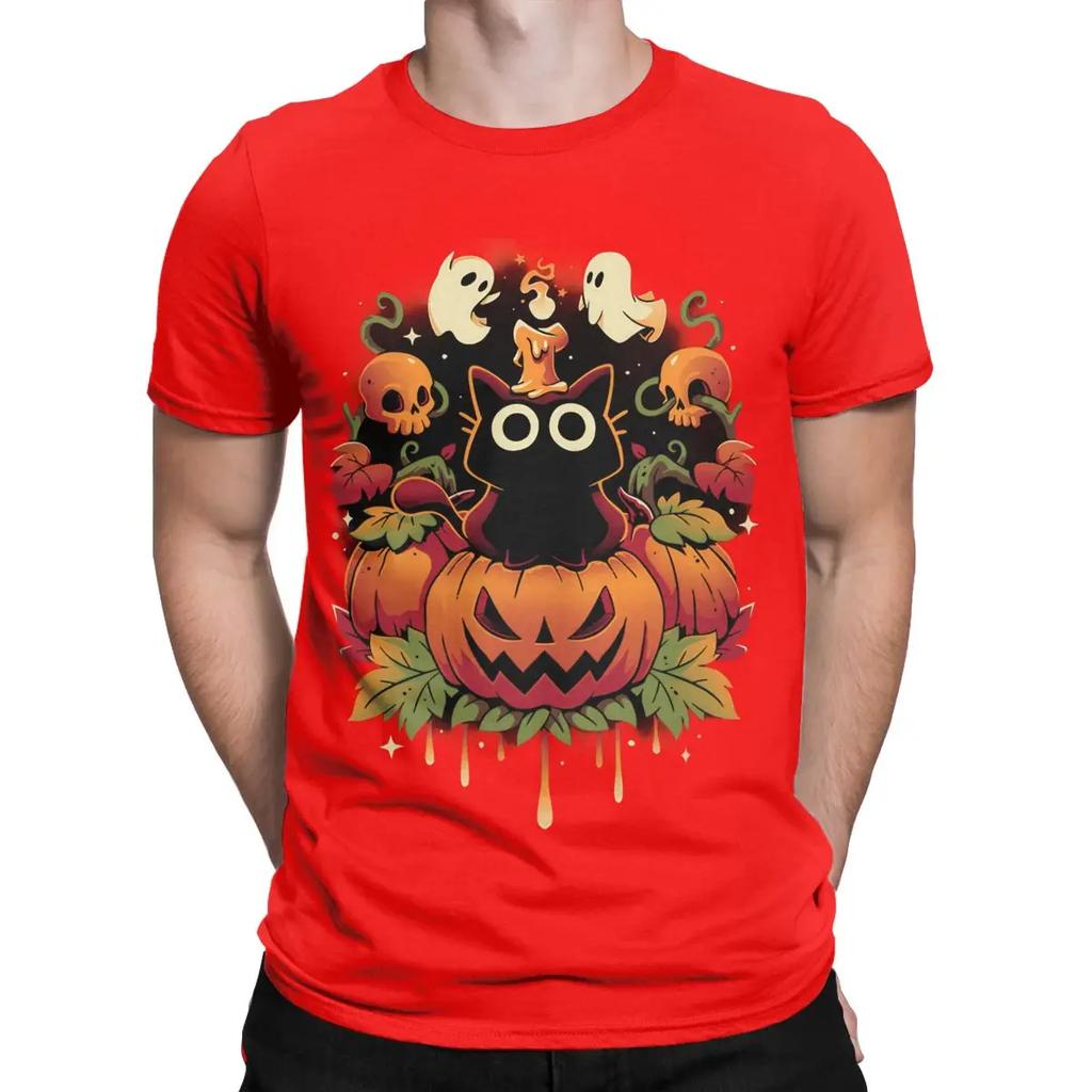 Novelty HALLOWEEN TRICK Black Cat T-Shirts Men Crewneck 100% Cotton T Shirts Cute Ghost Pumpkin Short Sleeve Tees Party Clothing