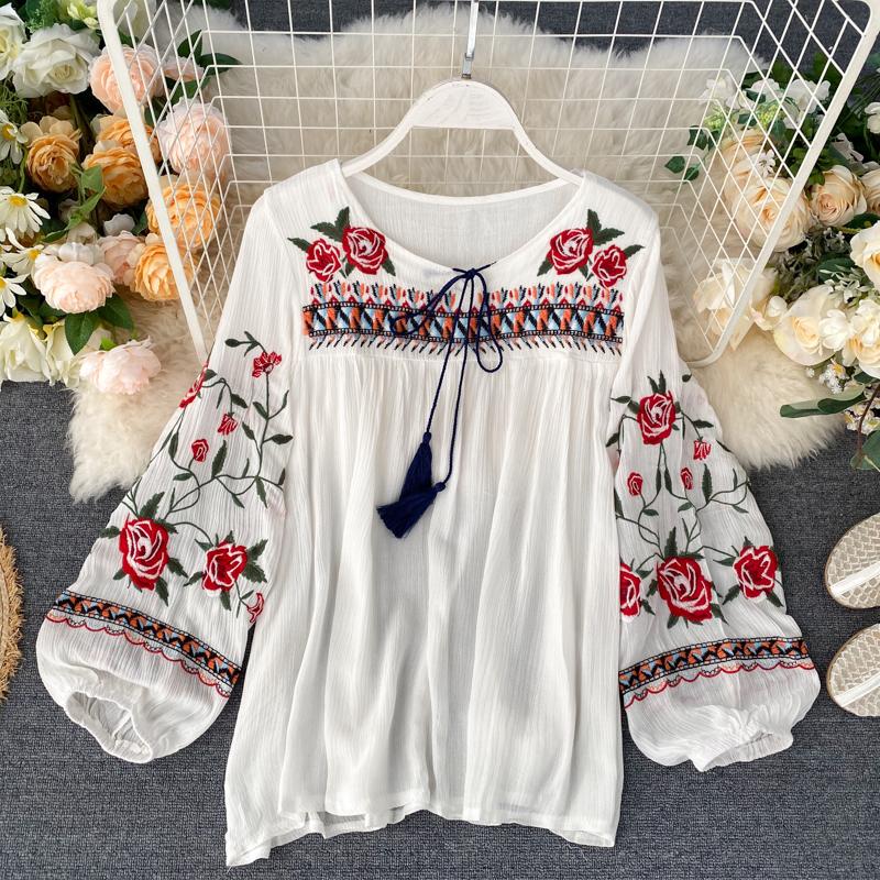 RUGOD Весенне-осенний праздник, этнический стиль, ретро, ​​тяжелая промышленность, вышивка, цветы, зарубежный стиль, рукава-фонарики, свободный универсальный топ
