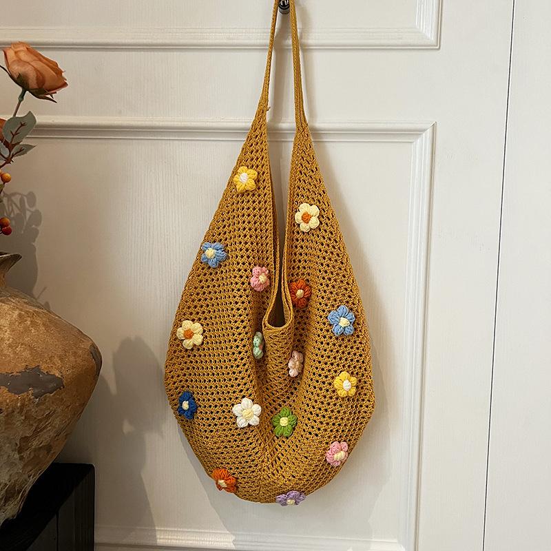 Hollow Mesh Knitted Shoulder Bag Beach Vacation Slouchy Chic Cartoon Tote Bag Lightweight Laid-Back Casual Woven Women Handbag