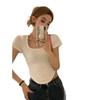 Summer new T-shirt women's square collar curved hem short sleeve Korean version solid color slim fit Spice girl short top women