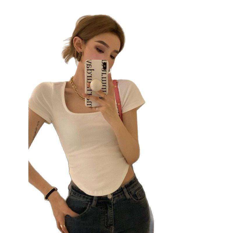Summer new T-shirt women's square collar curved hem short sleeve Korean version solid color slim fit Spice girl short top women