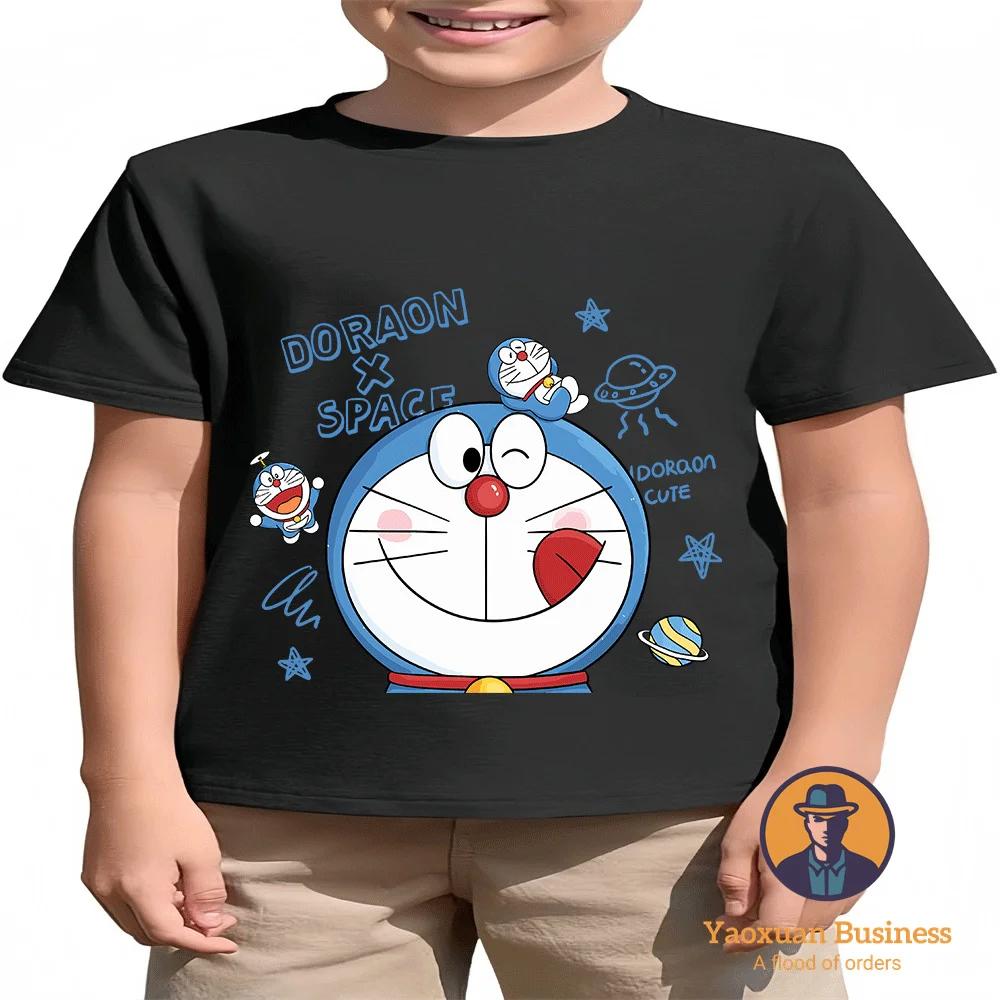 Классическая аниме-футболка с круглым вырезом Doraemon для мальчиков и девочек, летняя