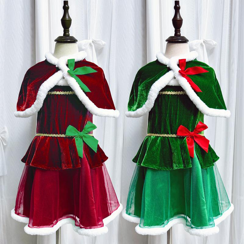 Christmas children's clothing cape shawl Christmas tree girls dress Santa show clothes