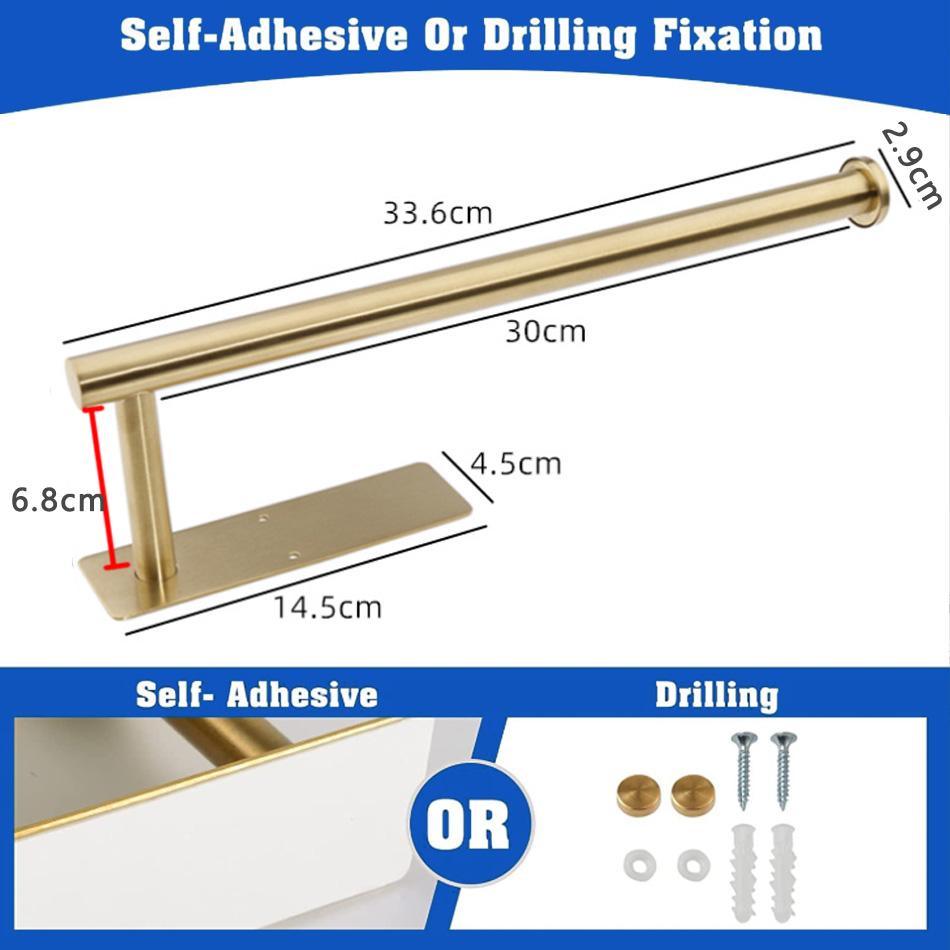 Adhesive Paper Holder 304 Stainless Steel Brushed Gold Black Bathroom Kitchen WC Paper Towel Rack Shelf Long Tissue Roll Hanger